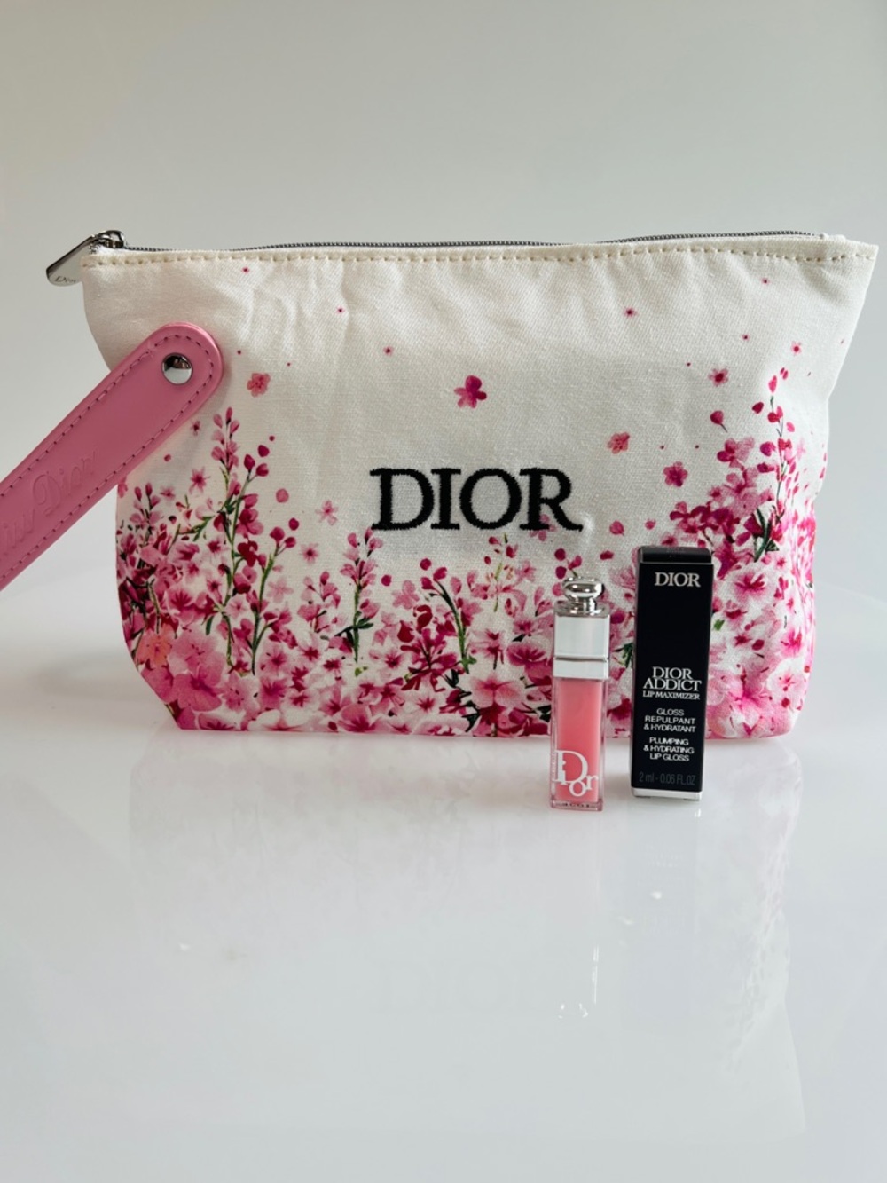 Dior Bundle NWT Pink Lip Gloss and Pink Floral Makeup Bag NWOT